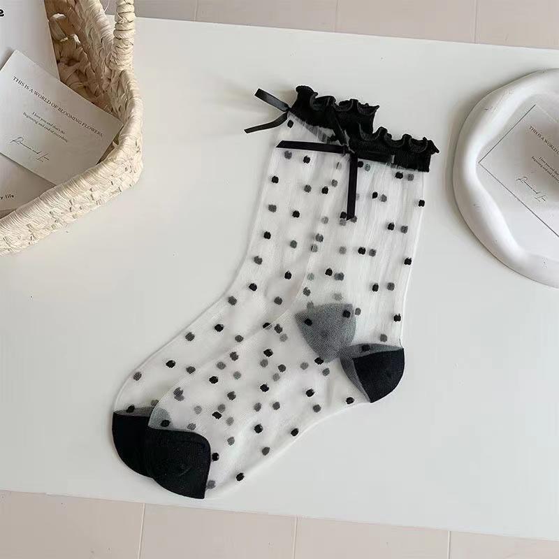 Fashionable Ultra-thin Cool and Transparent Love Flowers Glass Silk Women's Socks Lace Cuff Breathable Comfortable