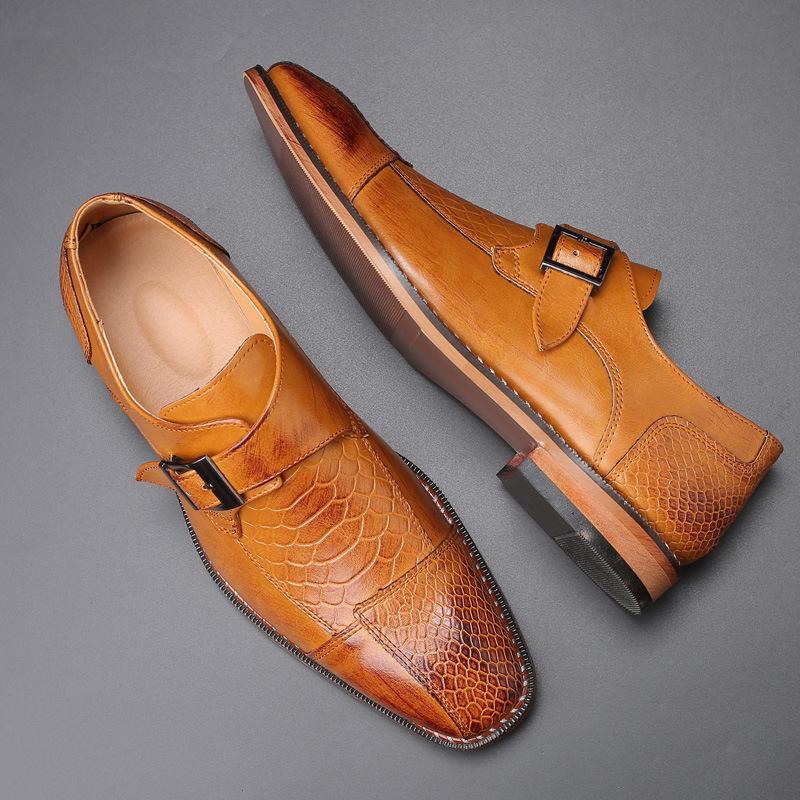 Dress leather shoes pointed flow leather shoes crocodile pattern edge buckle casual men's shoes
