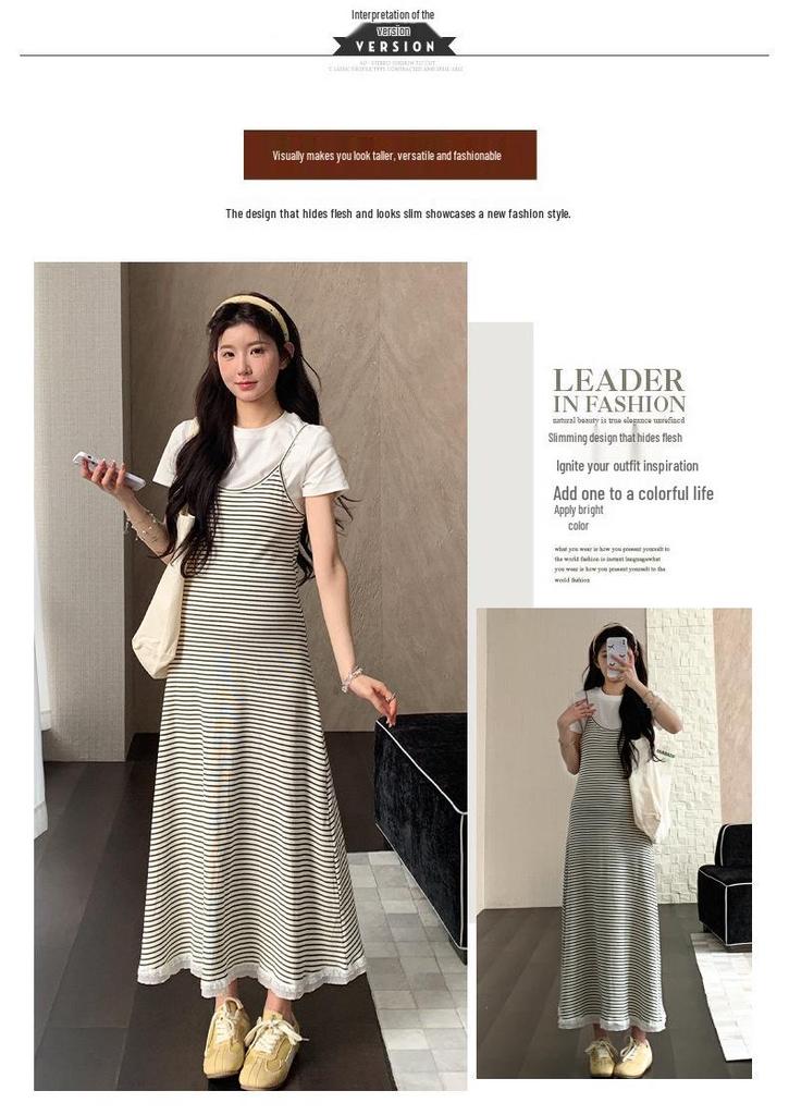 2026 Summer Casual Maternity Two-Piece Set: Short-Sleeved T-Shirt + Striped Slimming Overalls Skirt