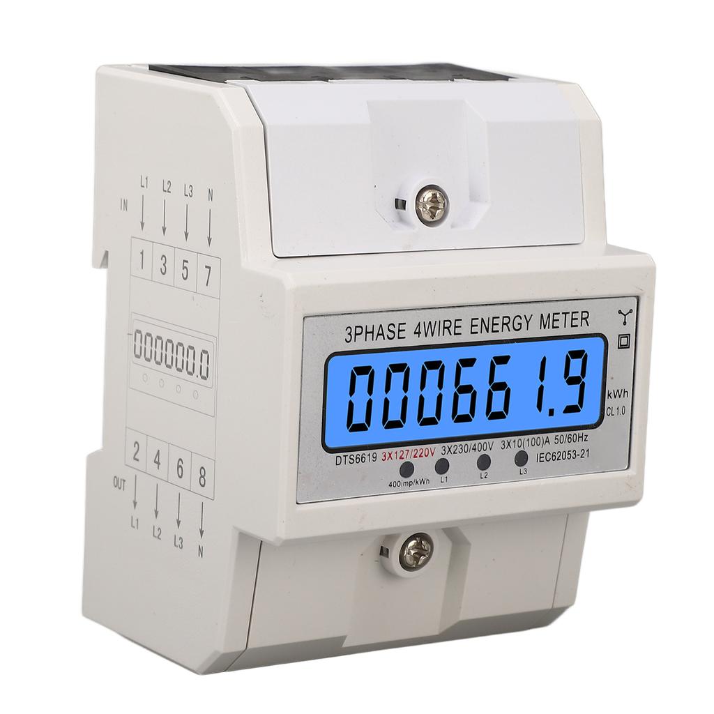 Digital Energy Meter 3 Phase 4 Wire KWh Electricity Wattmeter DIN Rail Backlight LCD Display 3x127 220VAC 10‑100A