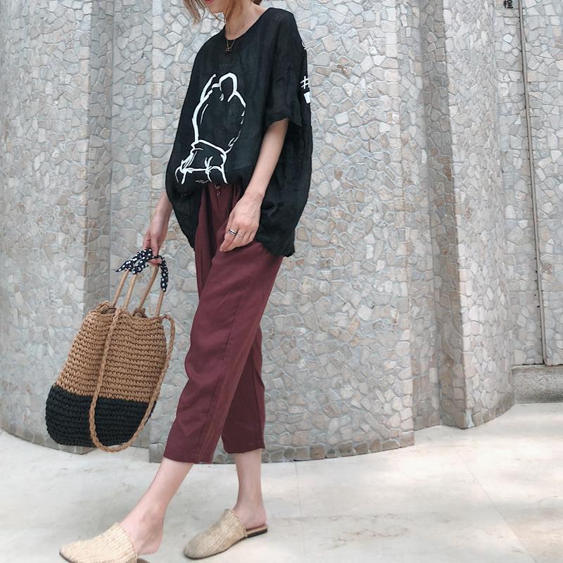 Dimanaf 2025 Women T-shirt Summer Linen Shirt Blouse Short Sleeve Fashion Tops Tees Loose Tees New Black Blouse