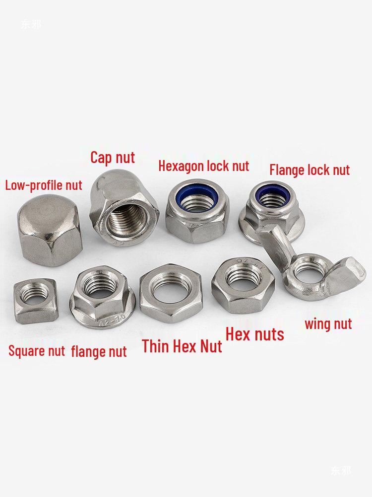 304 Stainless Steel Nut Set: Hex, Flange Lock, Wing, Cap, and Screw Nuts
