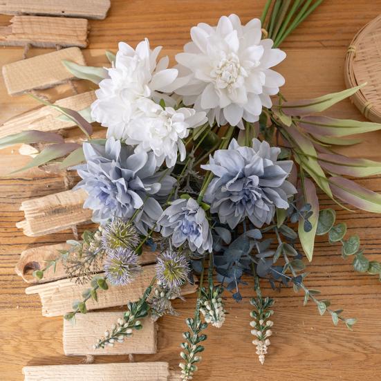 Artificial Dahlia Flower Bouquet Faux Silk Floral Arrangements with Eucalyptus Leaves for Dining Table Centerpieces DIY Wedding Bridal Bouquet