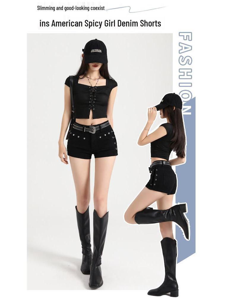 Korean-Style Sexy High-Waisted Rivet Denim Hot Pants - Plus Size, Hip-Hugging Summer Shorts for Women 2025
