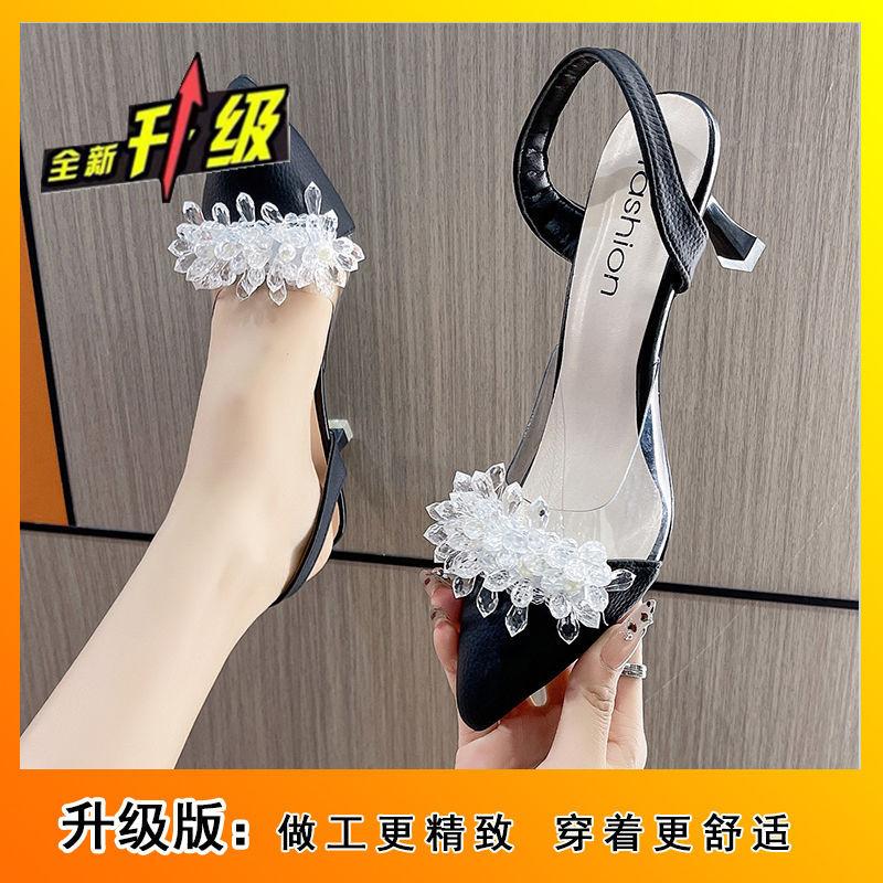 pointed black foreign style rhinestone high heels women's thin heels imperial sister single shoes bag head empty sandals 2025 spring and autumn new