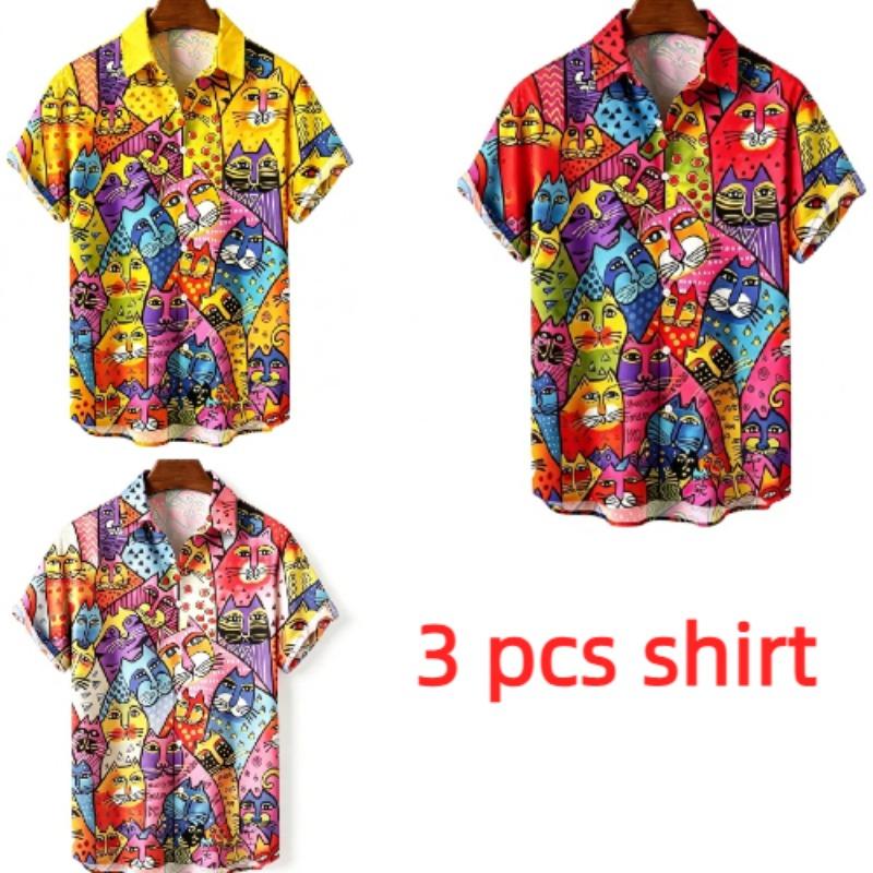 Summer Fashion Funny Colorful Cartoon Cat Printing Shirt Hawaiian Beach Vacation Clothing Men's Street Style Shirt Daily Men's and Women's Shirt