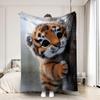 1pc Single/Double Person Blanket Cute Cartoon Big-Eyed Tiger Hugging Tree Bark Background Pattern, Soft Cover Blanket, Flannel Sof