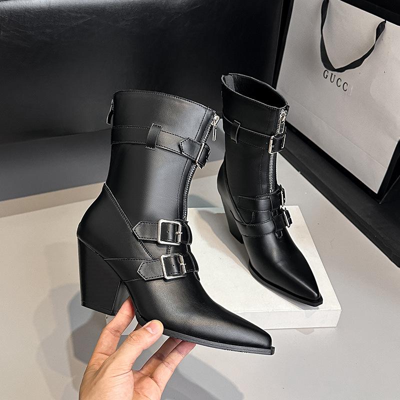 

Кожаные ковбойские сапоги в западном стиле, уличные, на толстом каблуке, полусапоги, женская мода, новые, с острым носком, на высоком каблуке, полусапоги на молнии 39 чёрный