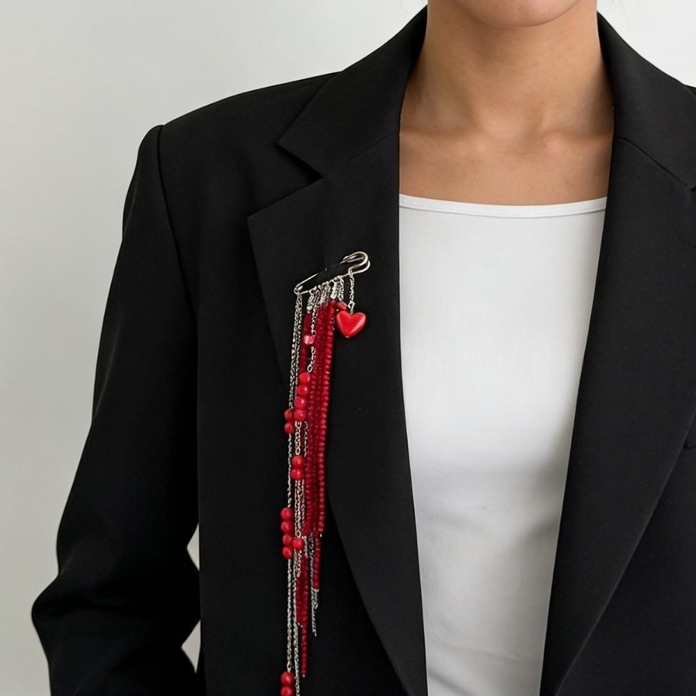 Love Heart Beaded Tassel Chain Brooch Multi-Layer Chain Pin Crystal Seed Bead Exaggerated Brooch