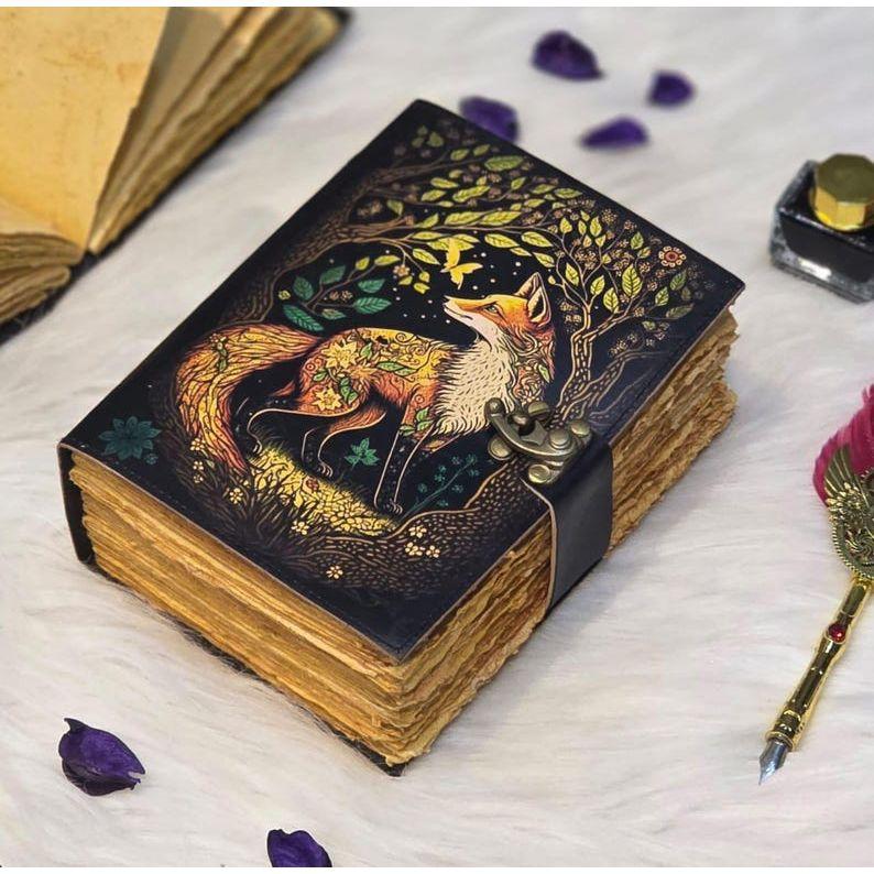 Fox Leather Journal | Handmade Vintage Diary with Lock | Woodland Notebook | Grimoire Journal | Book of Shadows