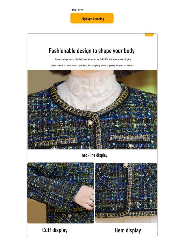 Korean Style Elegant Round Neck Color Block Coat for Women’s Autumn/Winter - Small Fragrance Style for Middle-Aged and Elderly Ladies.