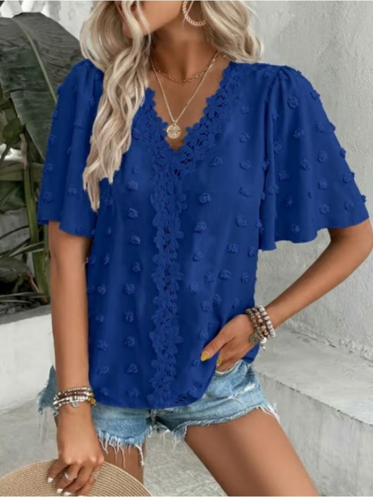 Women's Short Sleeve Round Neck Lace Applique Blouse Solid Beige Casual Top