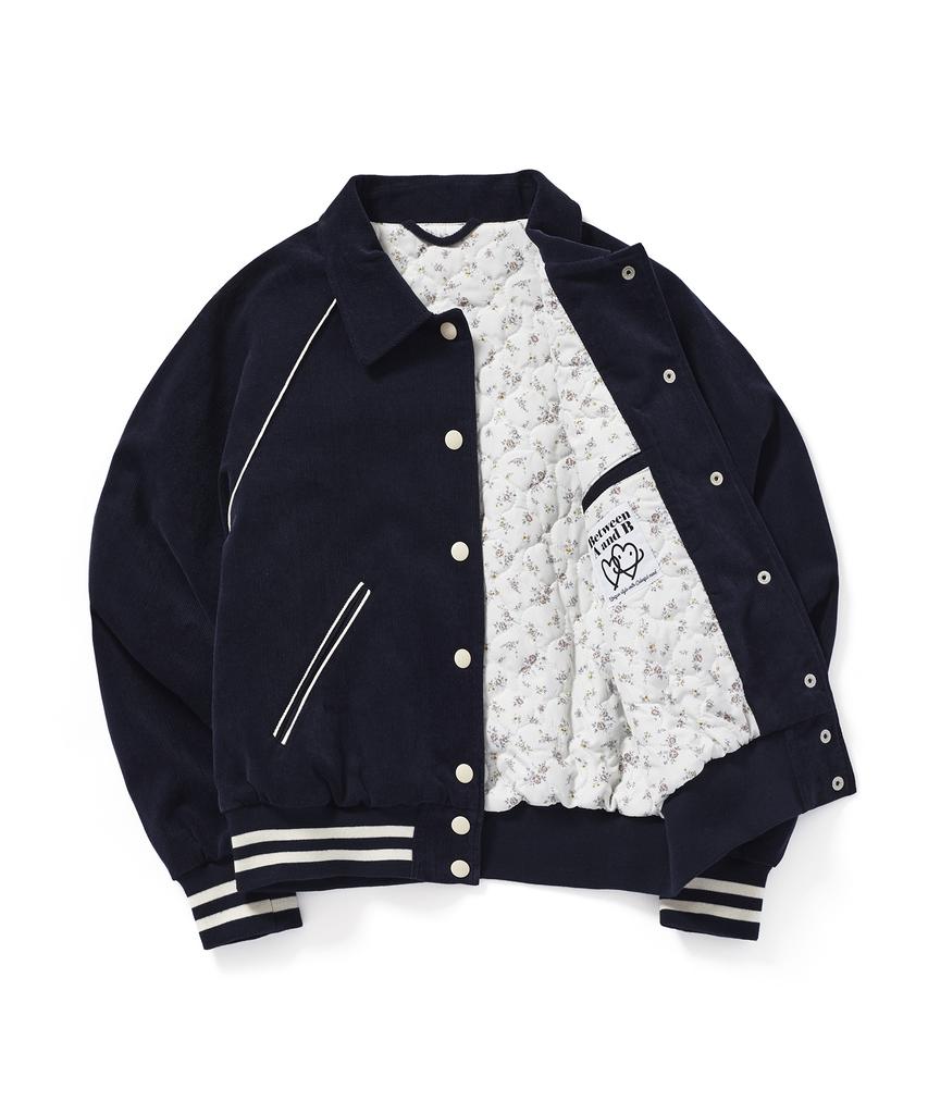 Between A And B Floral Quilted Corduroy Varsity Jacket [Navy]