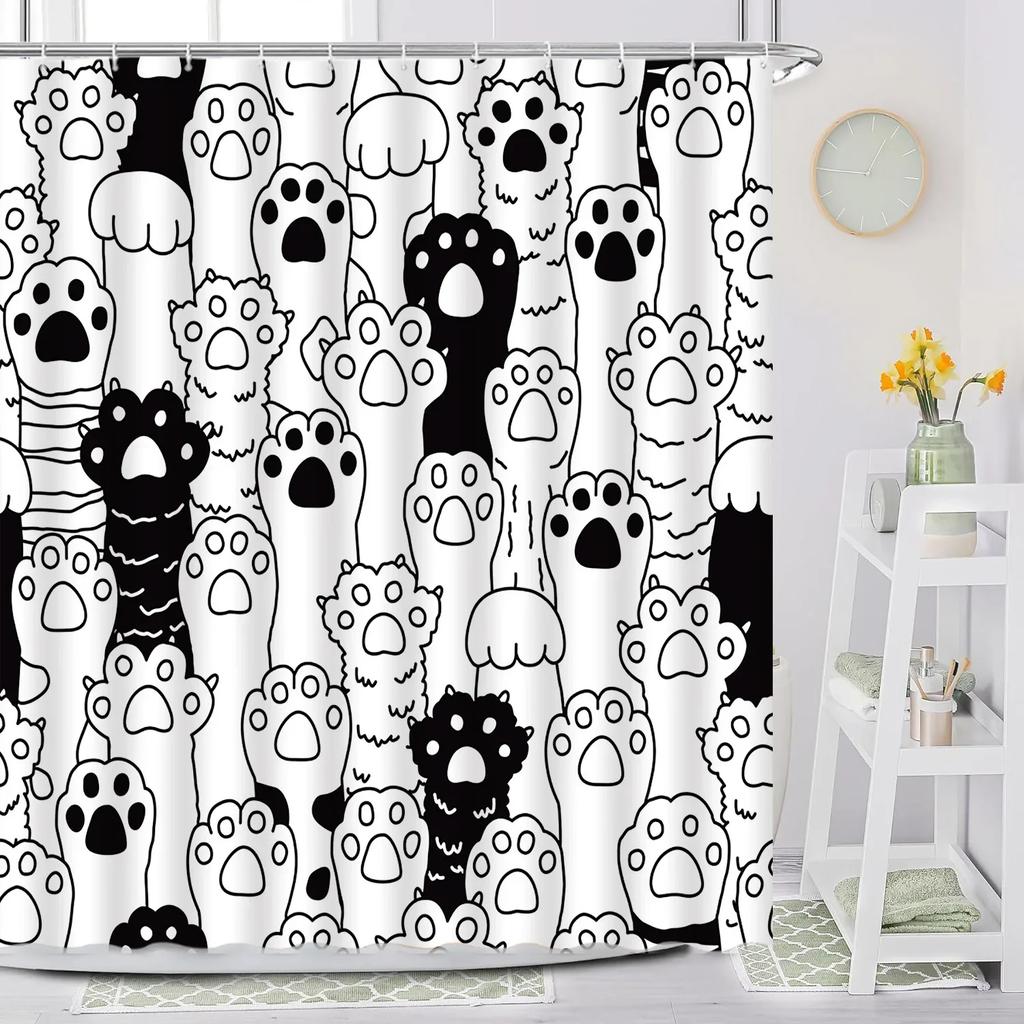 Cartoon Animal Shower Curtain with Funny Cat and Dog Paws Cute Kids Shower Print Family Bathroom Decoration with Hooks