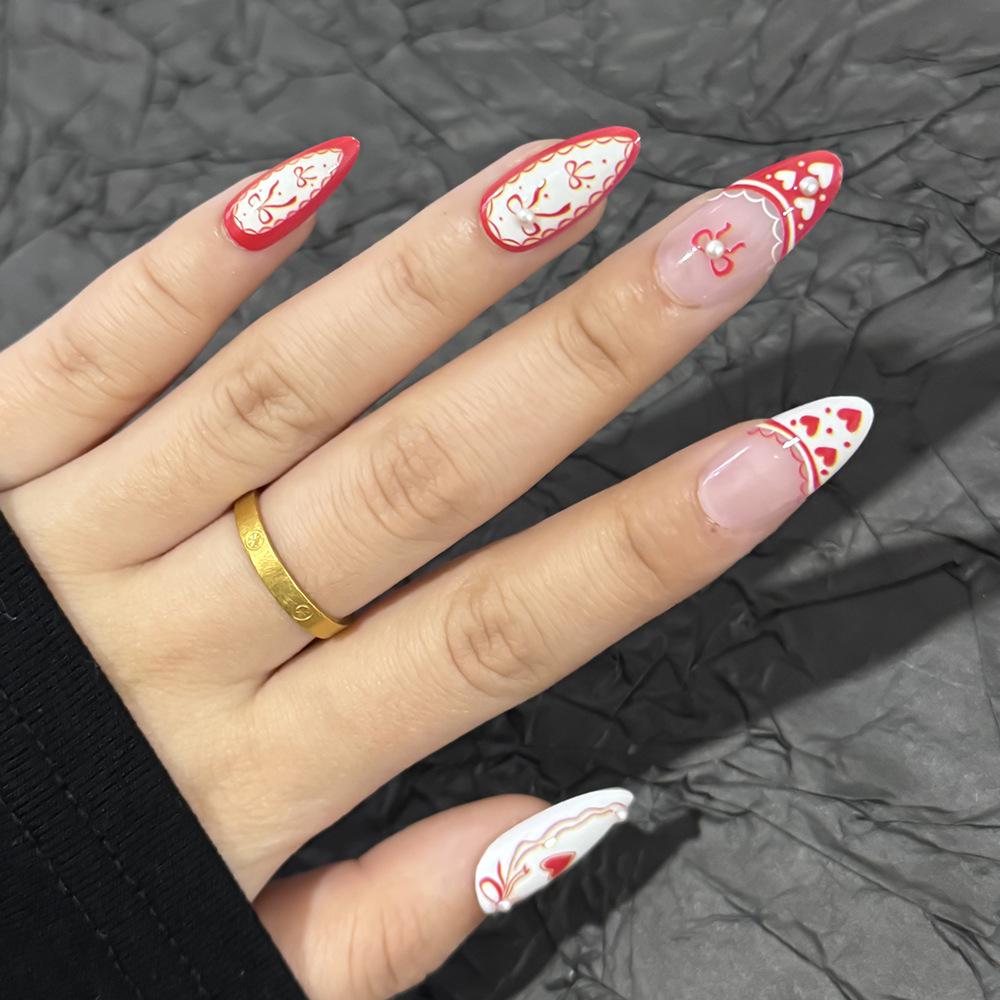 New Year French Almond Red Heart Pearl Bow False Nails