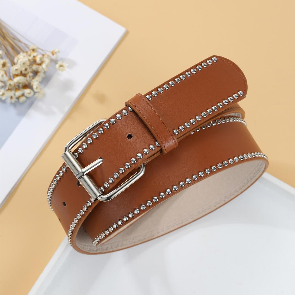 Punk Style Women'S Rivet Pin Buckle Belt Pu Simple Cow Pants Decorative Wide Belt