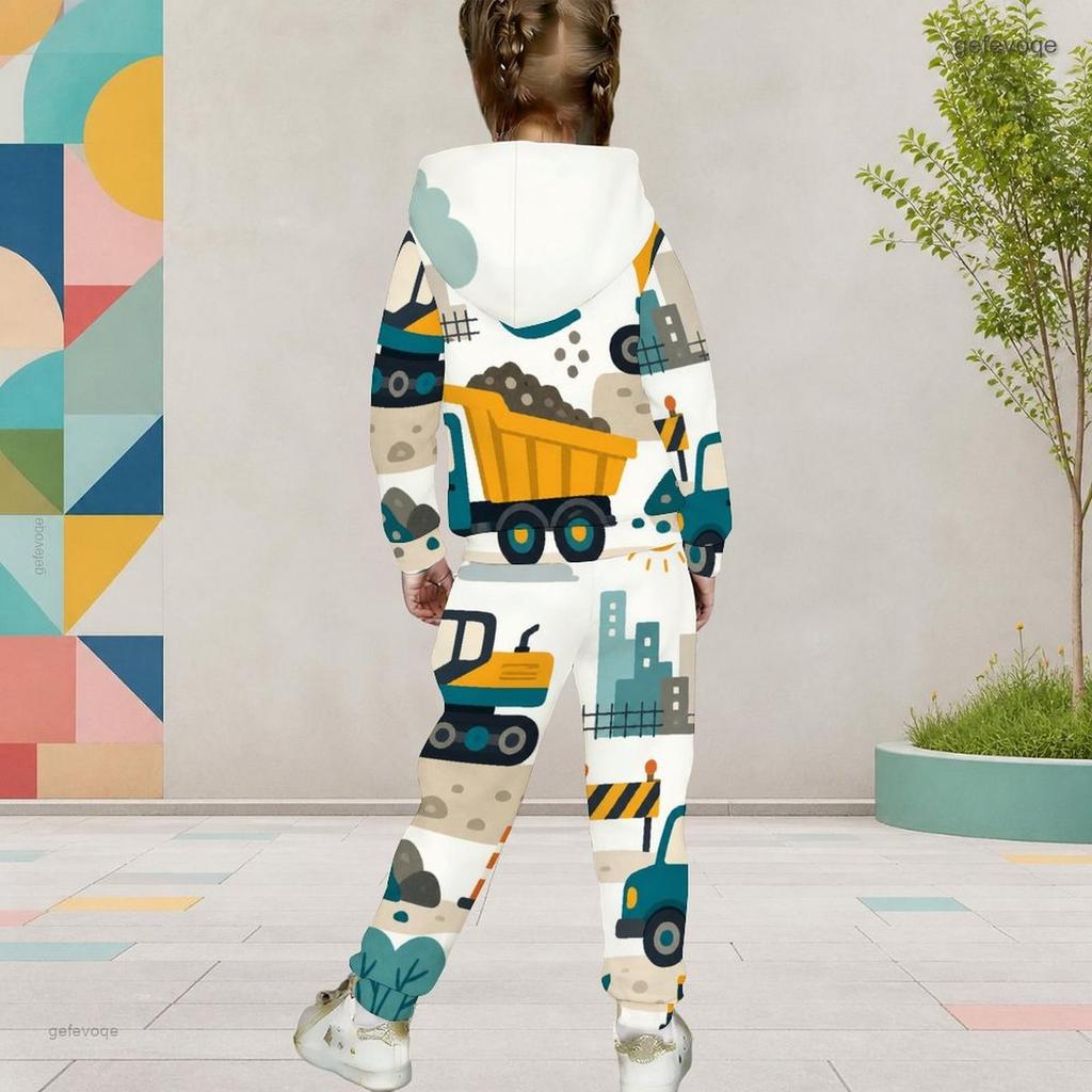 Girls Red White Printed Hooded Two Piece Set Long Sleeve Kangaroo Pocket Top Cuffed Pants
