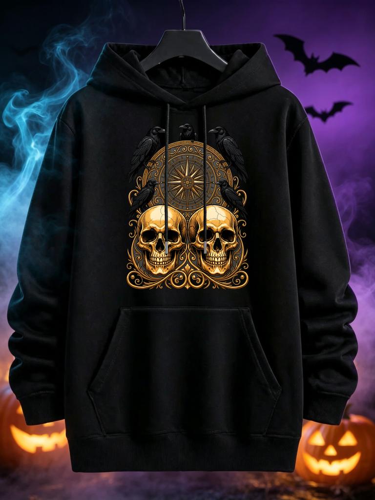 unisex Hoodie, Halloween, Golden Skulls And Ravens Design, Pullover Sweatshirt, Gothic Streetwear Style, Autumn Winter Casual Wear, Front Kangaroo Poc