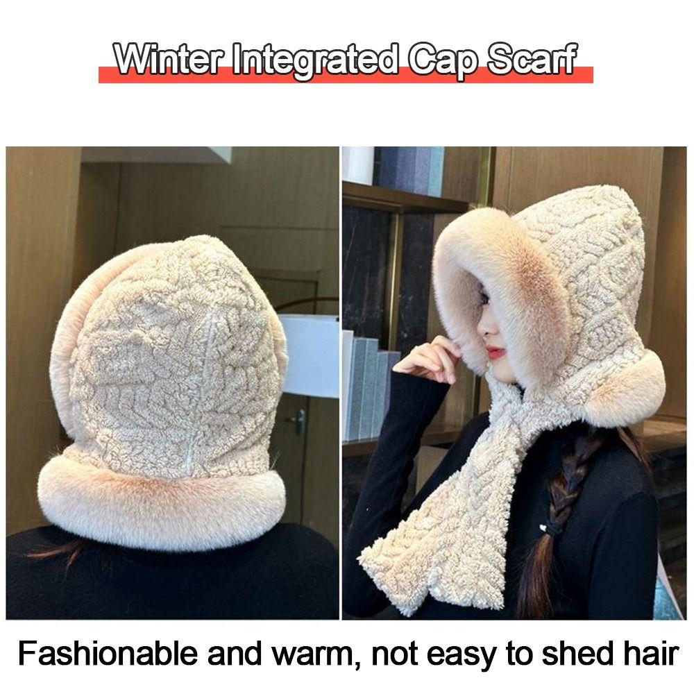 Cute Plush Winter Integrated Cap Scarf Warm Thickened Beanie Hat Scarf Casual Windproof Scarf Set Hooded Outdoor