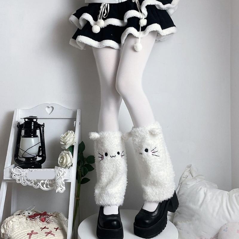 Japanese Cute Cats Ears Faux Furs Leg Warmers for Women Girls Warm Thermal Fuzzy Plush Foot Covers Long Calf Socks