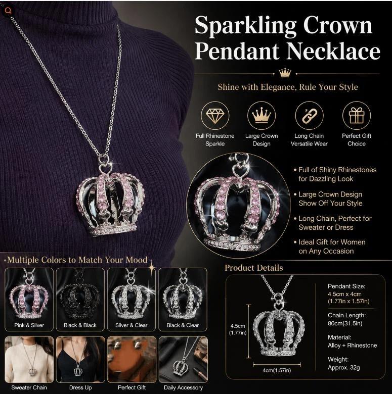3D Full Rhinestone Crown Subculture Sweater Chain Necklace Gothic Punk Jewelry for Women Holiday Party Wear Gift