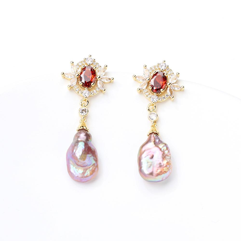 French retro court style special-shaped baroque pearl earrings temperament redstone earrings women s stud earrings 925 silver needles