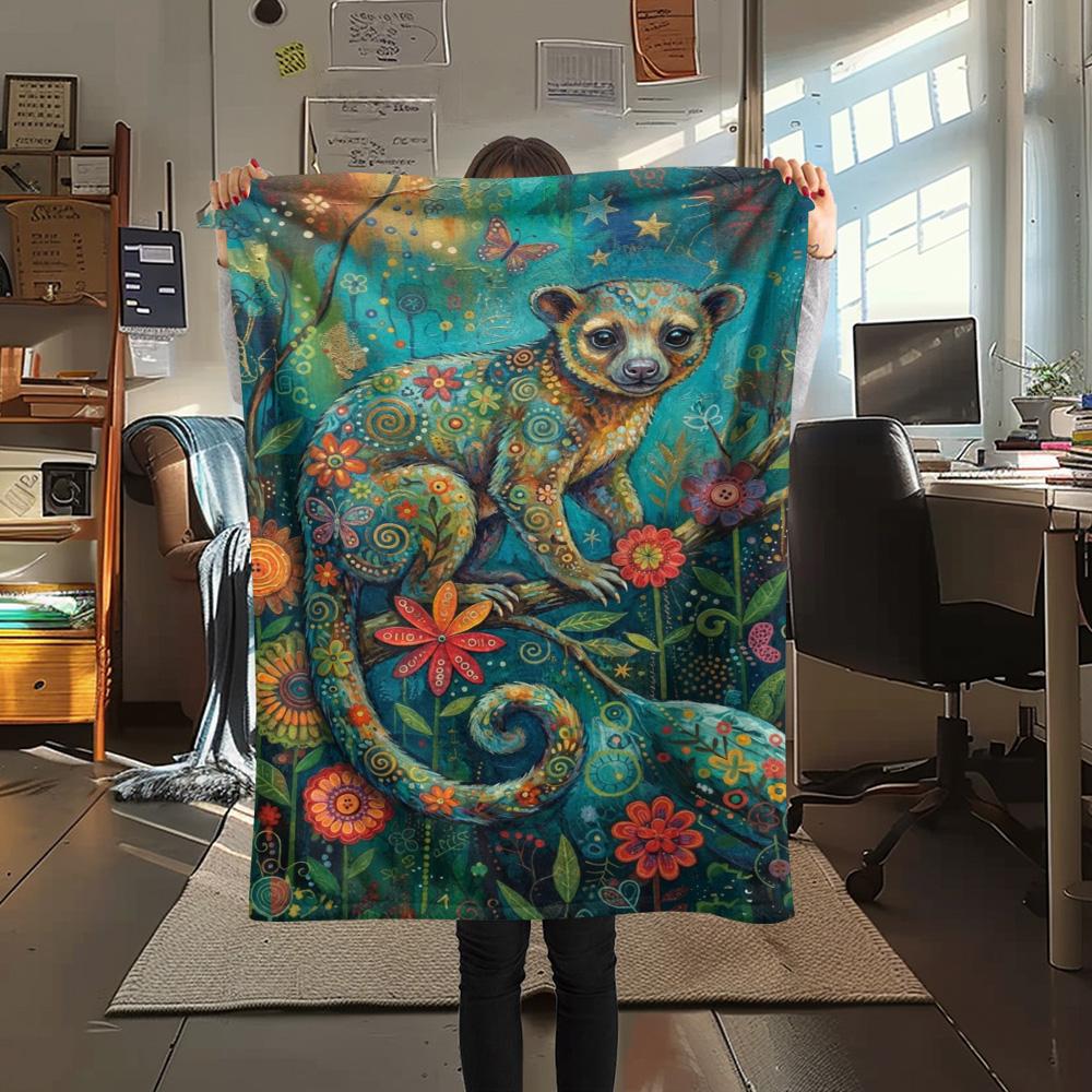 1PC Bohemian Kinkajou Art Print FlAannel Blanket, High quality Comfortable for All Seasons, Home Decor, Warmth and Comfort