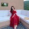 Blovelan Rose Cloud Mist Vintage Bright Off-shoulder Off-shoulder Chiffon Off-shoulder Ruffled Large Hem Dress for Summer