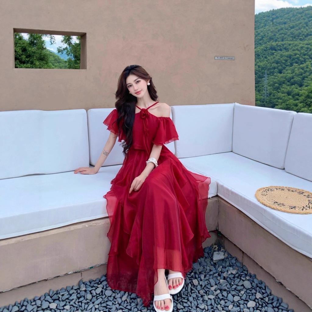 Blovelan Rose Cloud Mist Vintage Bright Off-shoulder Off-shoulder Chiffon Off-shoulder Ruffled Large Hem Dress for Summer