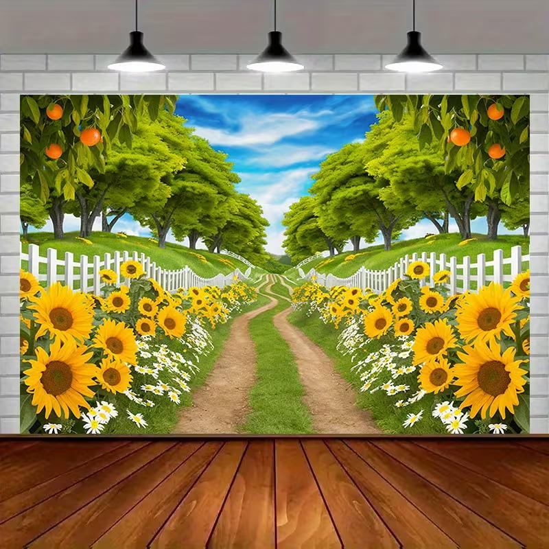 2D Printed Backdrop with Sunflower-Lined Country Road, Green Trees and Orange Orchard