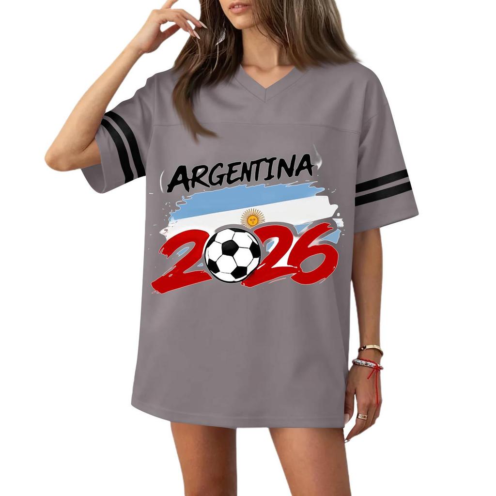 Women's Casual V Neck Soccer Jersey Style Short Sleeve Top with Argentina Flag and Football Print for Sports and Wear