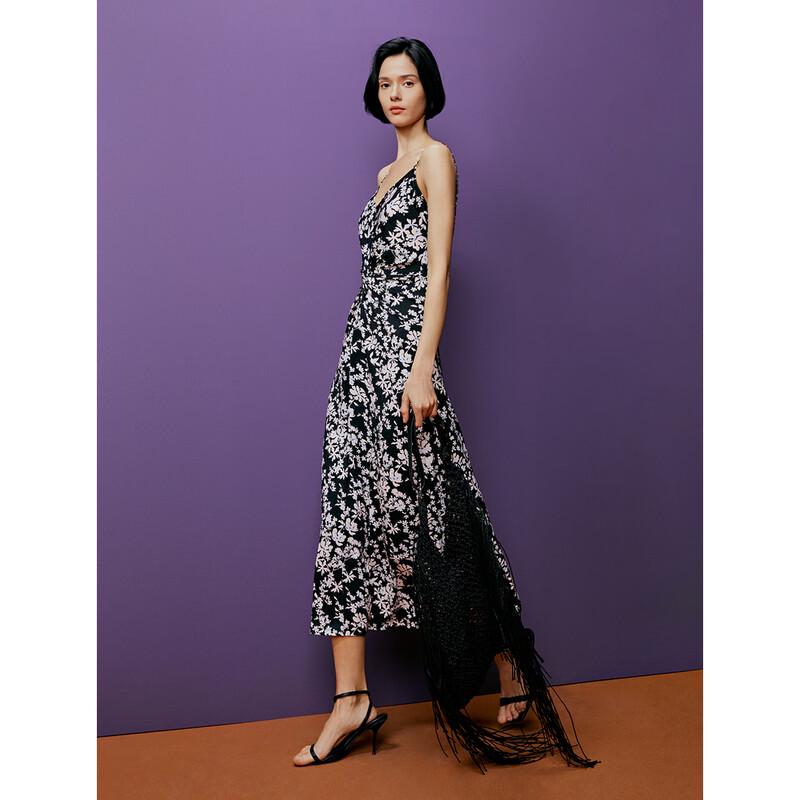 LANGZI Elegant Floral Cami Ruched Midi Dress