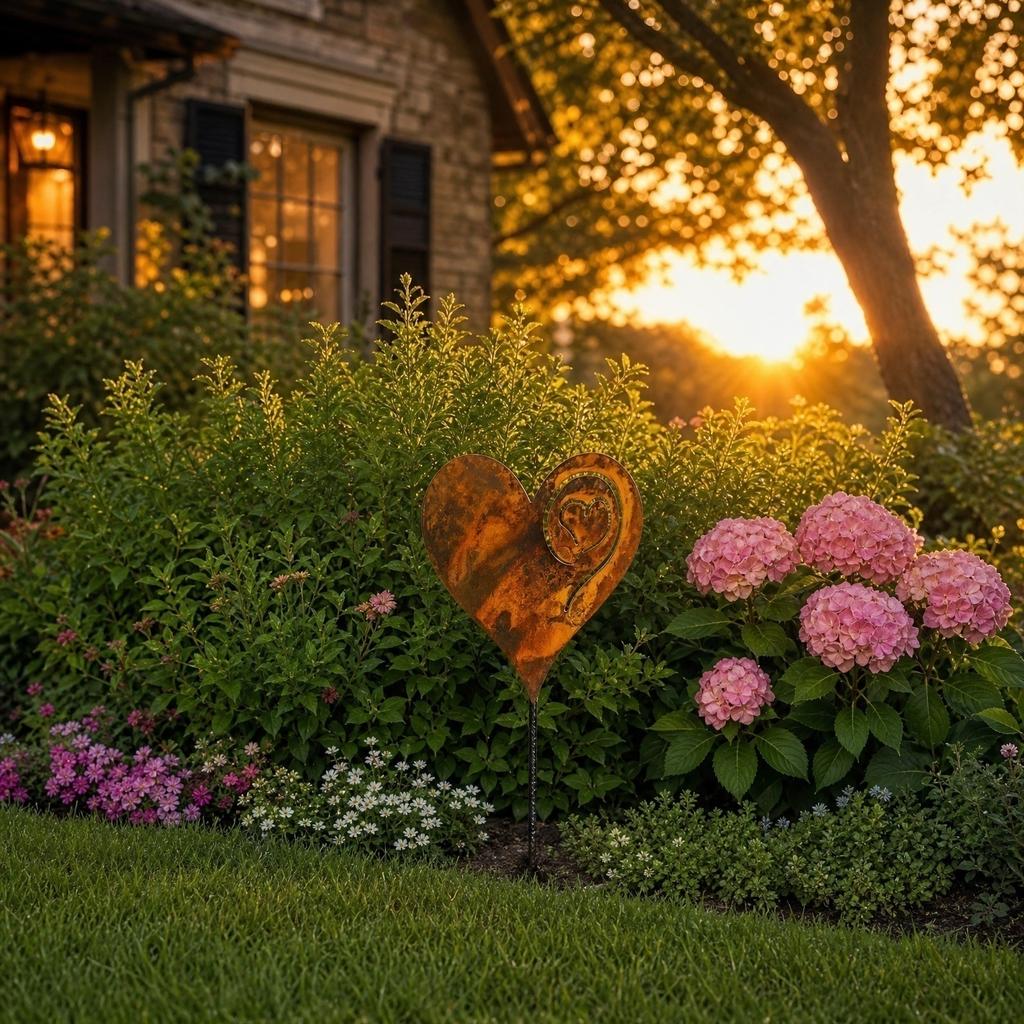 Metal Garden Heart Stake Decorative Rusted Iron Heart Shaped Yard Ornament with Spiral Detail for Outdoor Landscaping and Garden Decor
