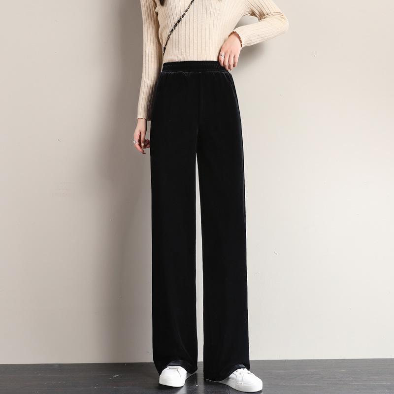 

Женские брюки из черного золотого бархата с высокой посадкой и широкими штанинами - Осенне-зимние повседневные брюки в пол 3XL, Recommended for 73-80kg