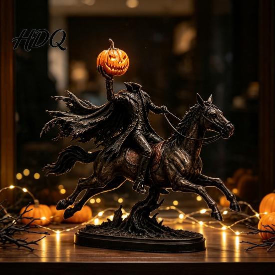 Miniature Warrior Figurine Halloween Knight On Horseback with Luminous Pumpkin Head Resin Figurine, Decorative Dark Gothic Home Decor Lighted