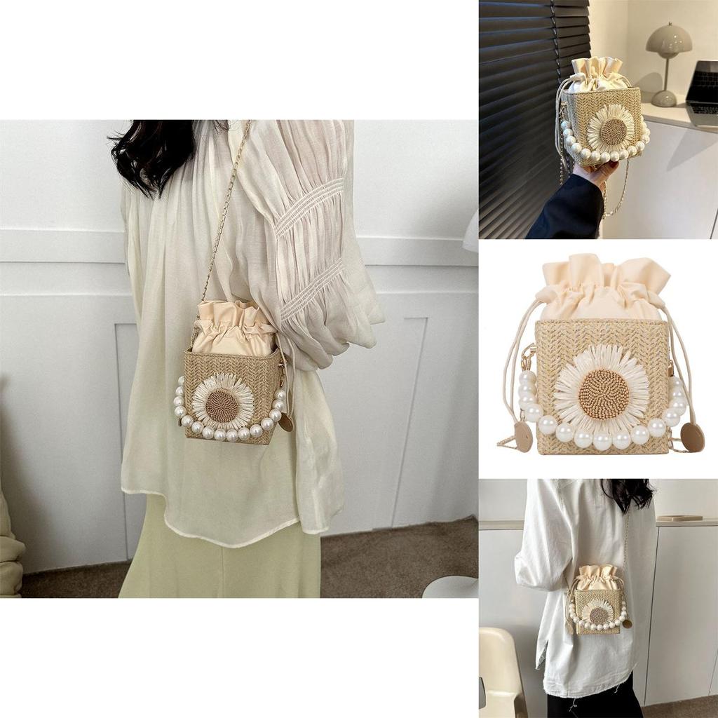 Stylish Woven Bucket Bag For Women Chic Shoulder Bag With Inner Pocket Beige Fashion Handbag