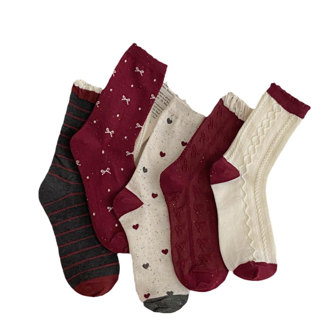 Berry Red Series'New Socks Rhombus Bow Medium Tube Socks Polka Dot Stacking Socks
