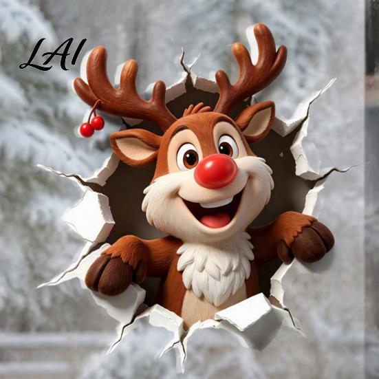 Holiday Home Decoration Christmas Reindeer Wall Decal 3D Hole Illusion Red Nose Rudolph Sticker Stickers Peel And Stick Waterproof PVC Decor