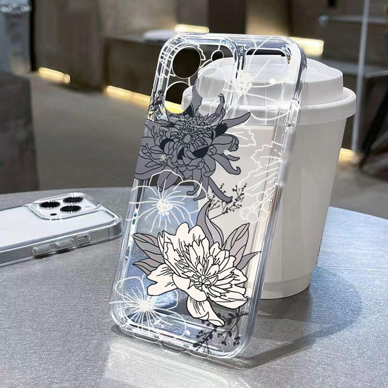 

Cream Floral Line Art Print Clear Phone Case for iPhone 17 16 15 14 13 12 11 16E Series Pro Max Plus Double Layer Protection iphone 15 Plus