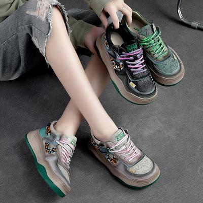 5CM Genuine Leather Women Comfy Chunky Sneaker Summer Spring Mixed Color Ethnic Vulcanize Ankle Boots Autumn Breathable Shoes