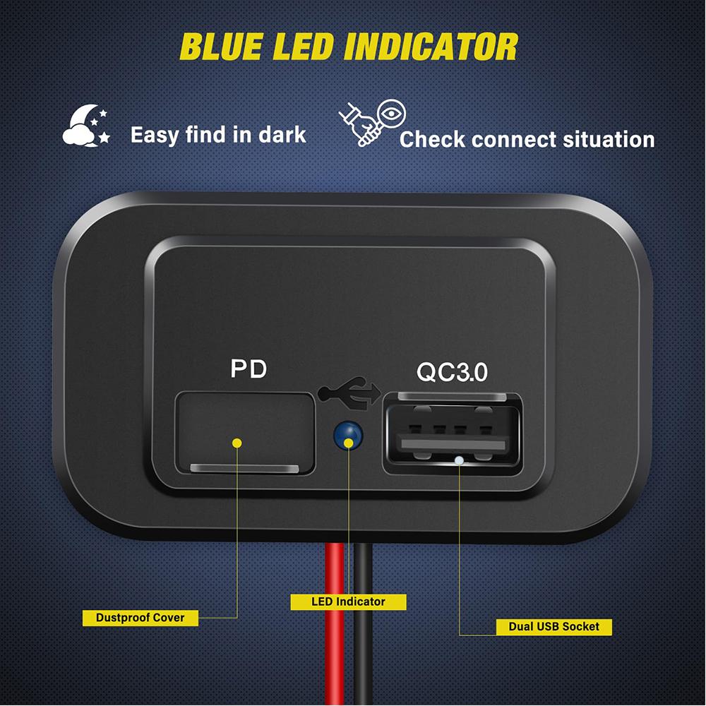12V/24V PD QC3.0 Car Charger Socket Power Adapter Quick Charge Waterproof with LED Light For Motorcycle Auto Truck ATV RV Bus
