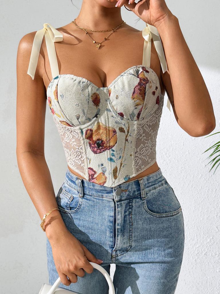 Glory Sexy fishbone corset French floral vintage new style printed color-blocking slim-fit strap ca