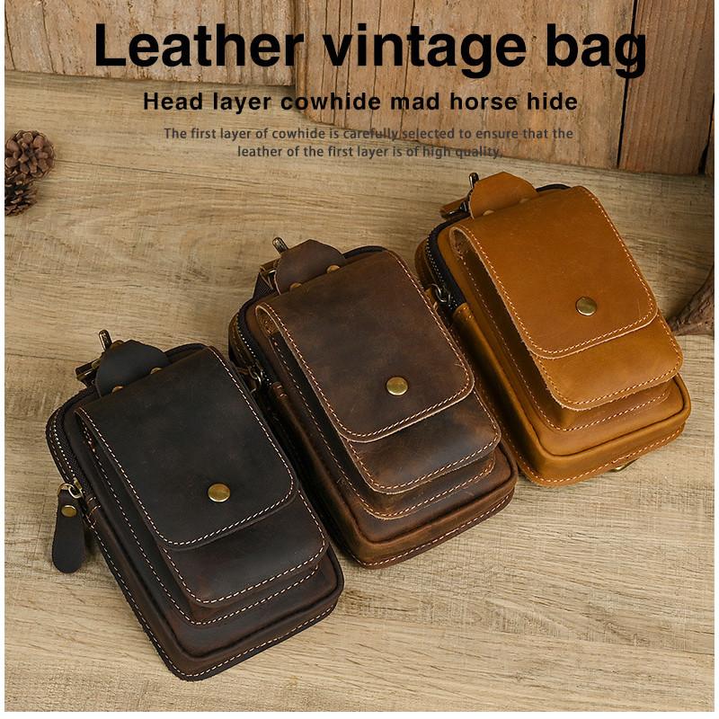 New Men's Genuine Cow Leather Waist Bag Belt-worn Outdoor Multi-compartment Water-repellent Fanny Pack 7-inch Phone Holder for Daily Travel Hiking