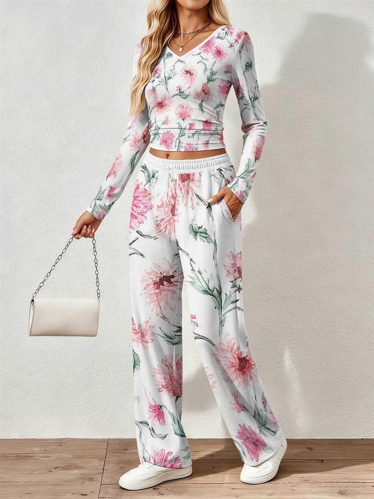Spring and Autumn Ladies V-Neck Long Sleeve Pants Set Comfortable Casual Versatile Slim Two-piece Set