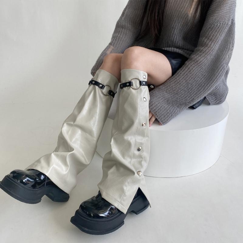 Women Punk Buckle Leather Leg Warmers Harajuku Grunge Leg Socks Side Buttons Wide Baggy Boot Covers Gaiters Streetwear