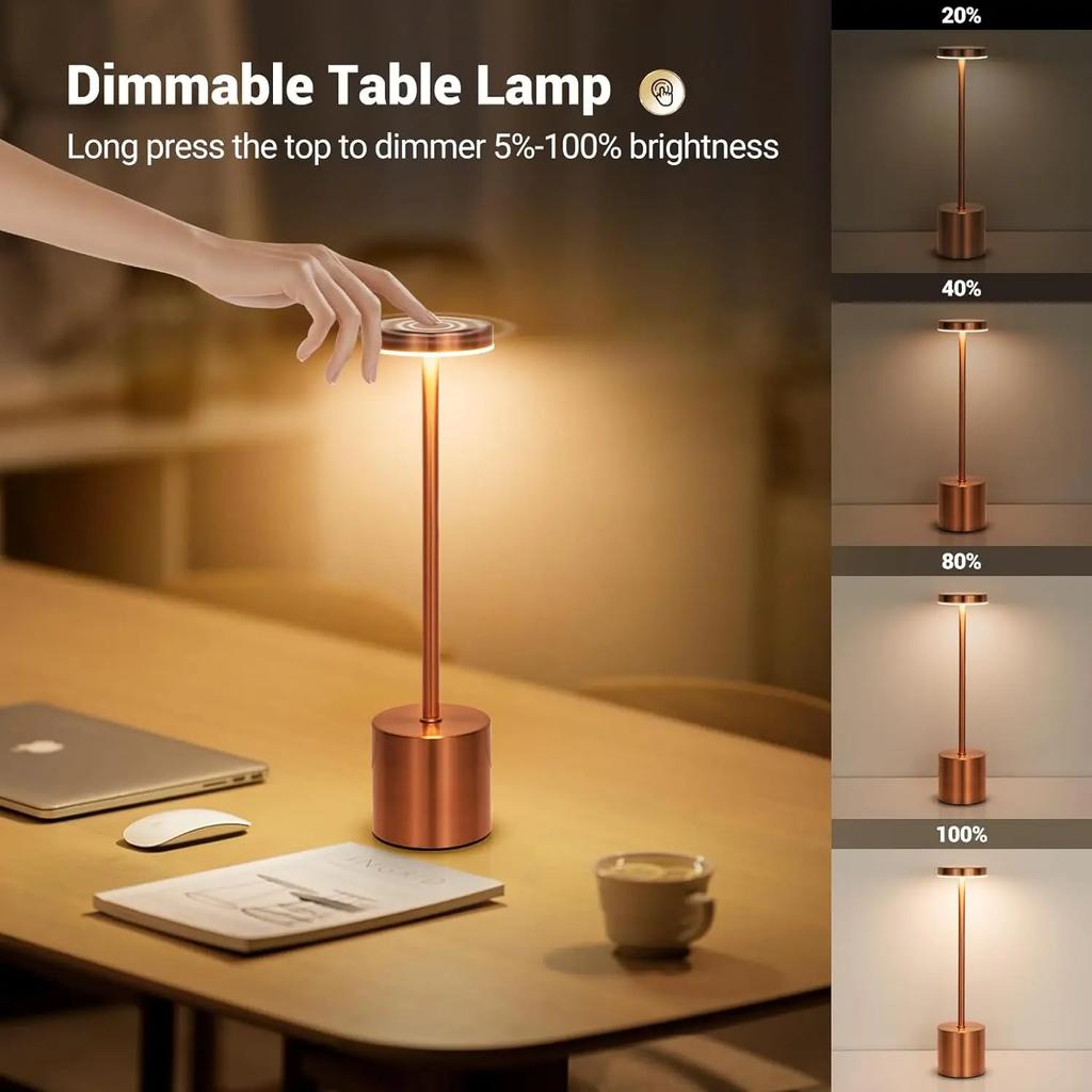 LED Cordless Table Lamps Rechargeable Table Lamp 3 Color Stepless Dimming Wireless Desktop Night Light for Bedroom Hotel Bar