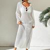 European-American Hollow Texture V-Neck Button Backless Long-Sleeve Beach Dress