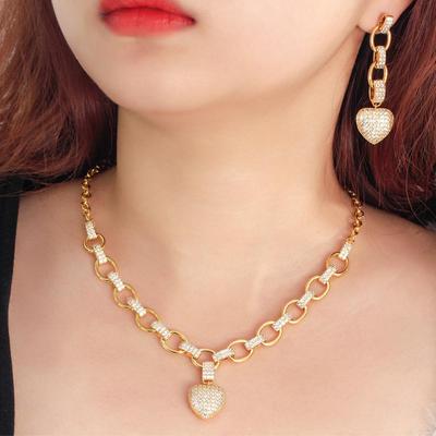 CMM Popular Love Heart Shaped Cubic Zirconia Cuban Link Chain Gold Color Necklace and Earrings Women Jewelry Sets
