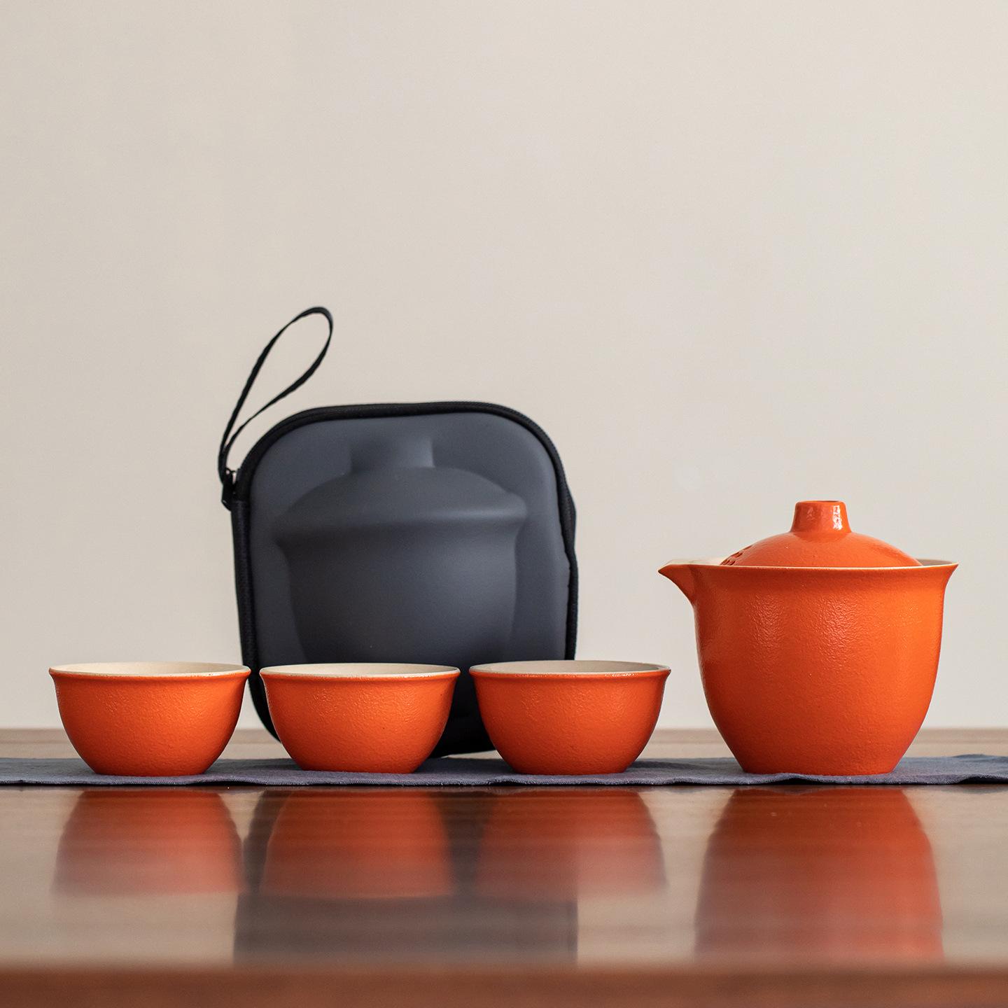 Lu Bao Portable Tea Set: Glazed Orange Kuaike with One Pot and Three Cups for Outdoor Tea Brewing Ceramic