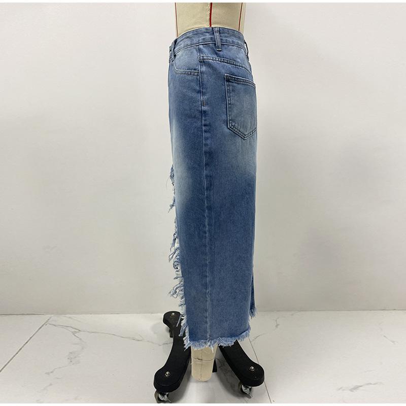 Denim Skirts Women Mid Length Skirt Slim Bodycon High Waist Button Pocket Streetwear Y2k Elegant Splice Blue Irregularity 2025